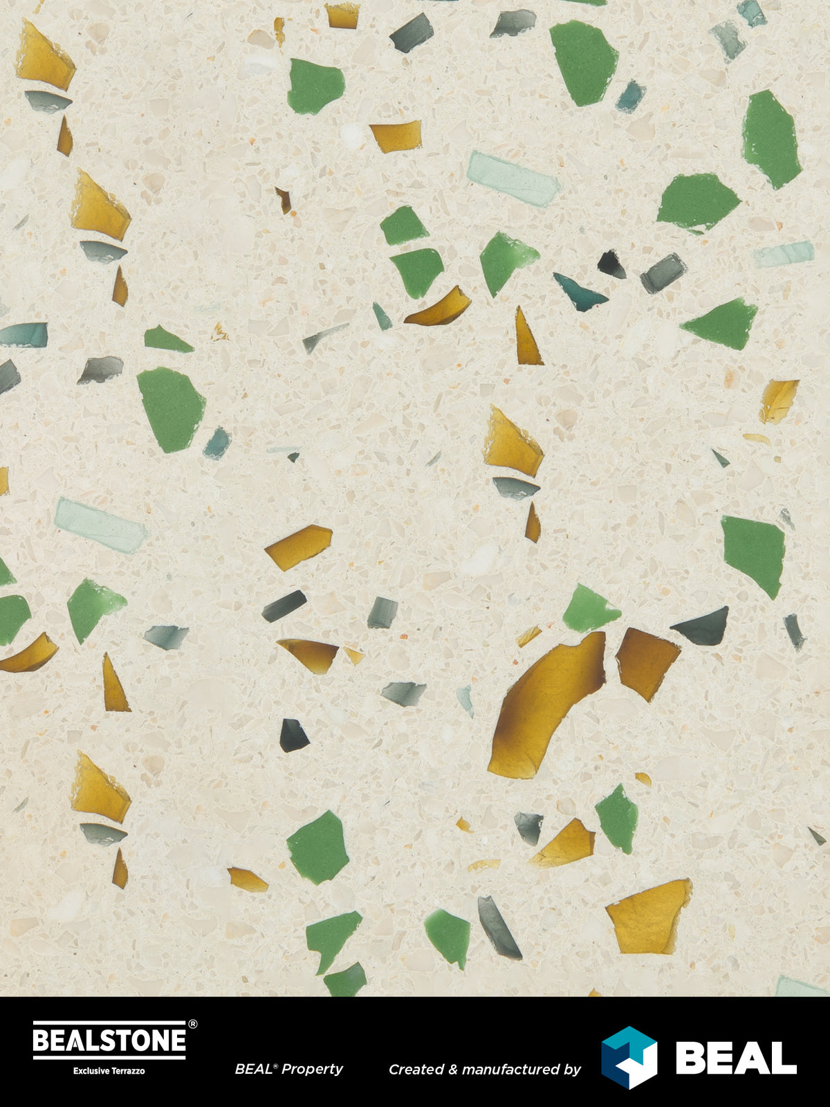 Bealstone exclusive terrazzo close-up, cream base with green and gold aggregate