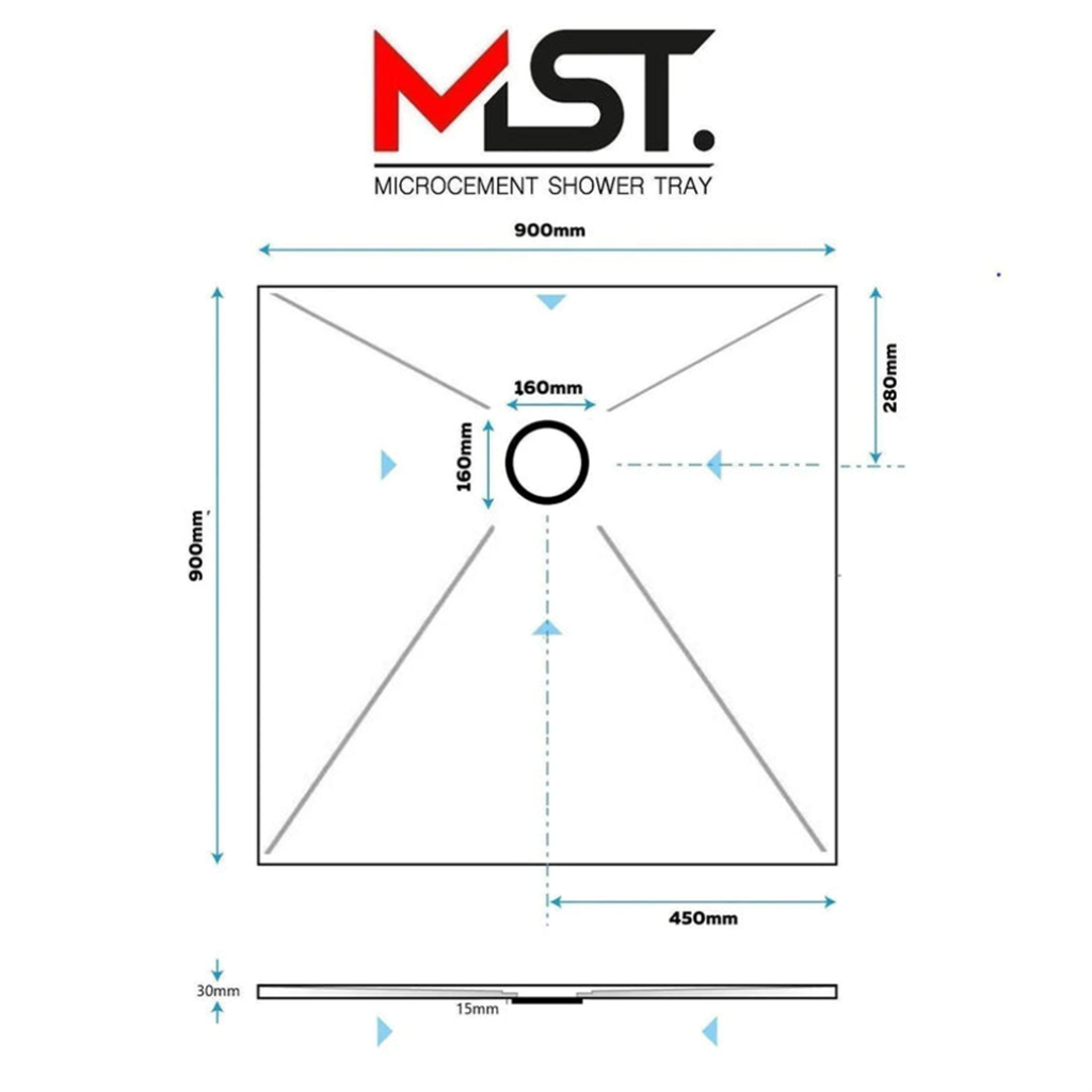 
A technical diagram of an MST Microcement Shower Tray measuring 900mm by 900mm. The top-down plan view illustrates an offset round drain with a 160mm diameter, positioned horizontally in the center (450mm from the side edge) and offset vertically (280mm from the top edge). Diagonal lines from the corners indicate the slope falling toward the drain. A side profile view at the bottom displays the tray's thickness, showing a 30mm outer edge that slopes down to 15mm at the center drain.
