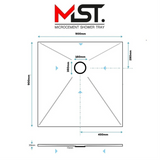 
A technical diagram of an MST Microcement Shower Tray measuring 900mm by 900mm. The top-down plan view illustrates an offset round drain with a 160mm diameter, positioned horizontally in the center (450mm from the side edge) and offset vertically (280mm from the top edge). Diagonal lines from the corners indicate the slope falling toward the drain. A side profile view at the bottom displays the tray's thickness, showing a 30mm outer edge that slopes down to 15mm at the center drain.
