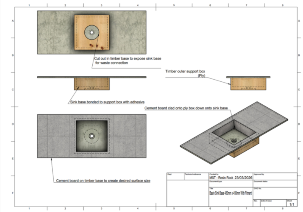 Technical schematic diagram showing the assembly and installation layout for a Terraforma microcement ready sink base, including top, front, and isometric 3D views with labels for the timber outer support box, sink base bonded with adhesive, and cement board clad surface