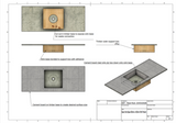 Technical schematic diagram showing the assembly and installation layout for a Terraforma microcement ready sink base, including top, front, and isometric 3D views with labels for the timber outer support box, sink base bonded with adhesive, and cement board clad surface