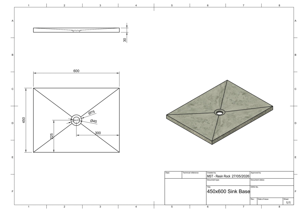 Technical schematic drawing for Terraforma Microcement Ready Sink Base (450 x 600 x 30 mm) displaying exact dimensions, drainage falls, and waste outlet positioning.