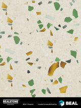 Bealstone exclusive terrazzo close-up, cream base with green and gold aggregate