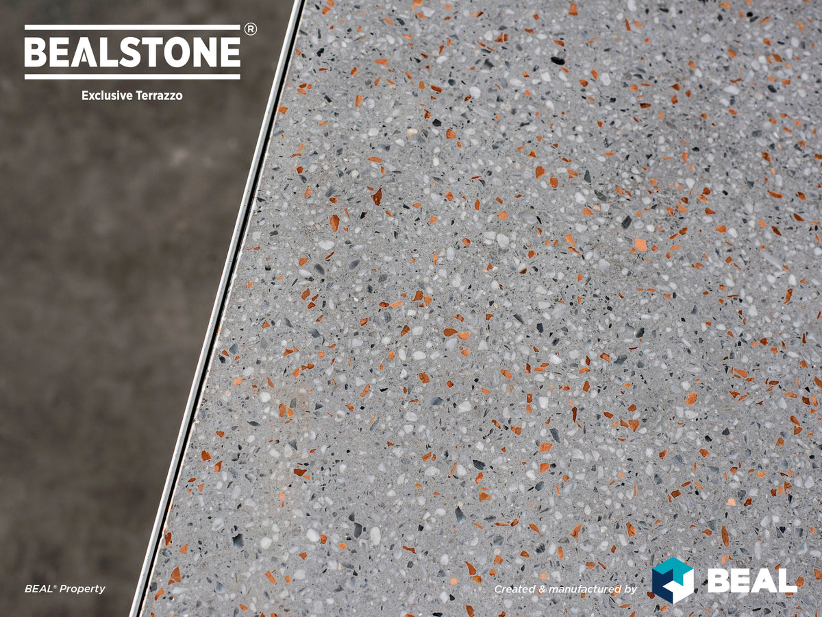 Bealstone exclusive terrazzo close-up, grey base with copper flecks