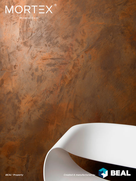 Mortex mineral skin wall finish in warm bronze tone with freestanding tub